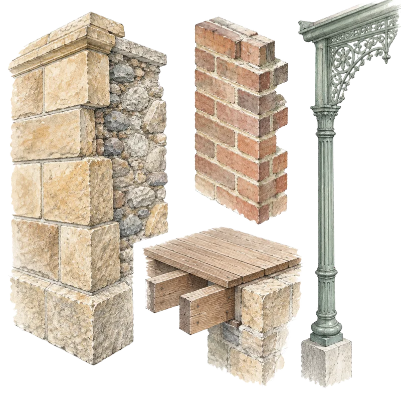 Sketch of Sydney heritage building fabric: sandstone wall with rubble core, Federation brickwork, hardwood floor bearing into masonry and a cast-iron verandah column