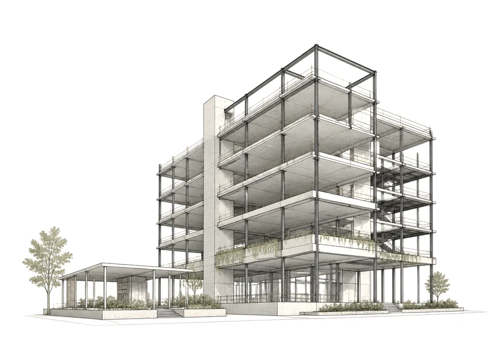 Contemporary mixed-use building shown as a clean structural frame with a small pavilion beside it