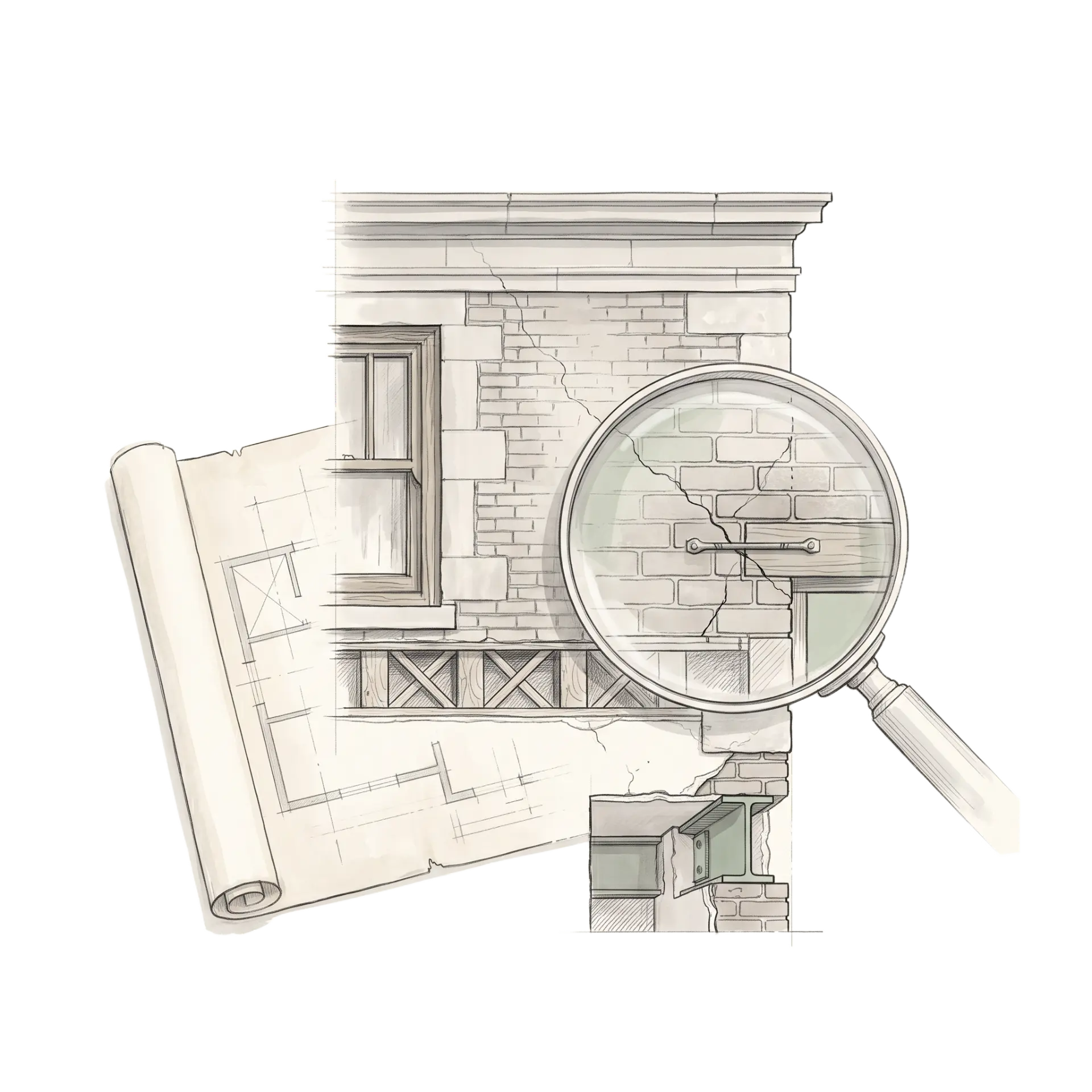 Sketch of a cracked masonry facade examined through a magnifying lens, with rolled original drawings and an inspection opening revealing a steel beam