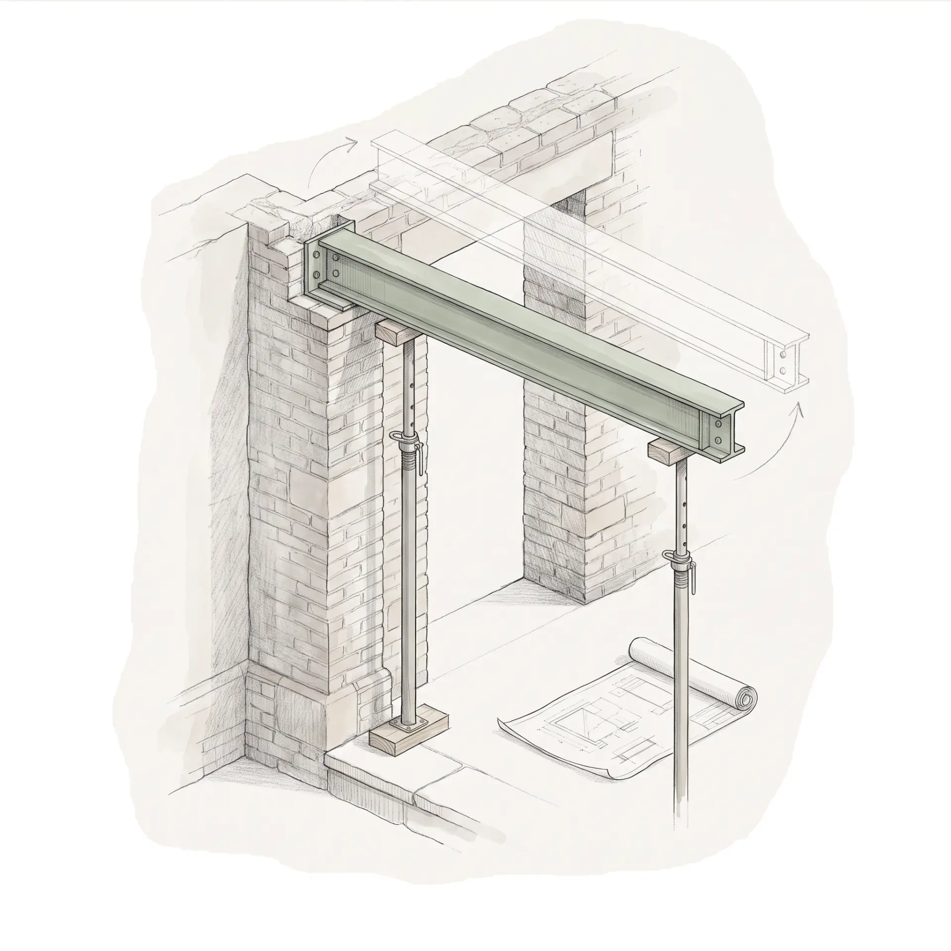 Sketch of a new steel strengthening beam being installed over a masonry opening, supported on adjustable temporary props beside structural drawings
