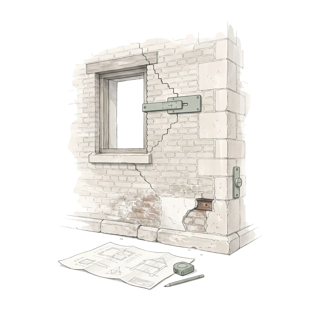 Brick wall with a stepped crack, a crack monitoring gauge fixed across it, and drawings, tape measure and pencil laid out below