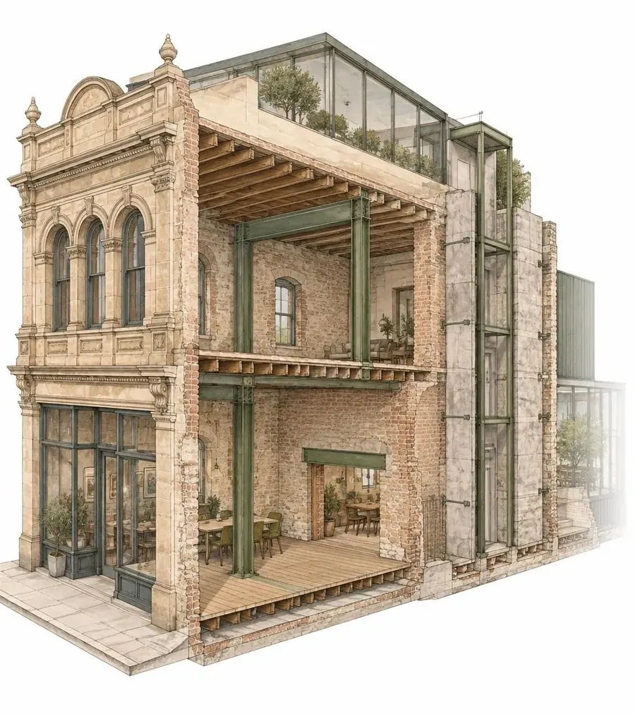 Architectural cutaway sketch of a Sydney heritage building with its sandstone facade retained and new steel framing, openings, lift core, rooftop and rear additions highlighted in olive green