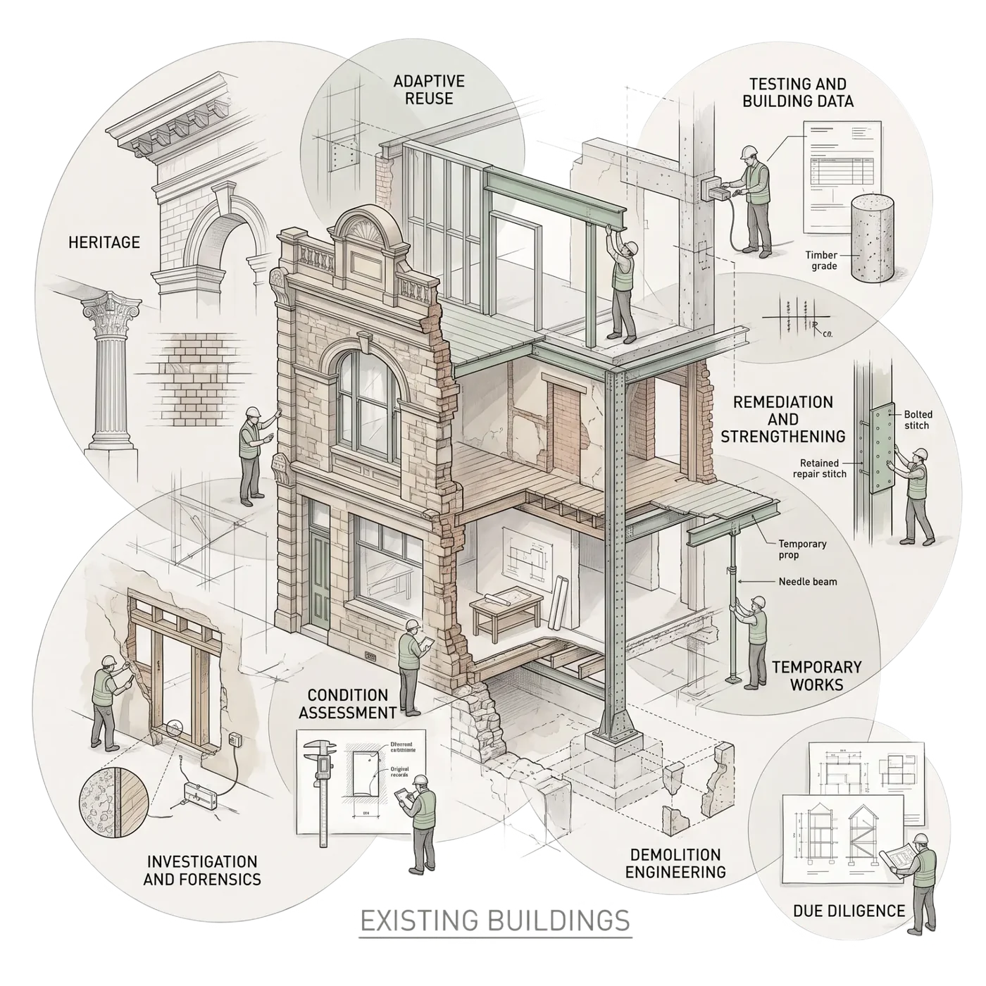Cutaway illustration of an existing building surrounded by heritage, adaptive reuse, testing, remediation, temporary works, investigation, condition assessment, demolition engineering and due diligence scenes