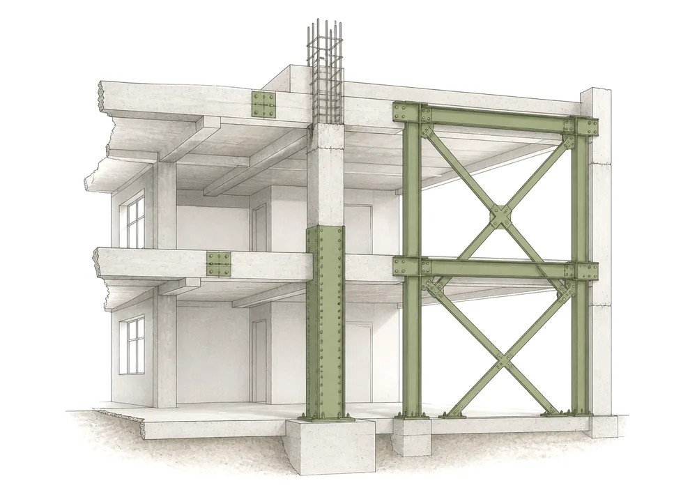 Existing concrete frame strengthened with new steel bracing, plates and a jacketed column