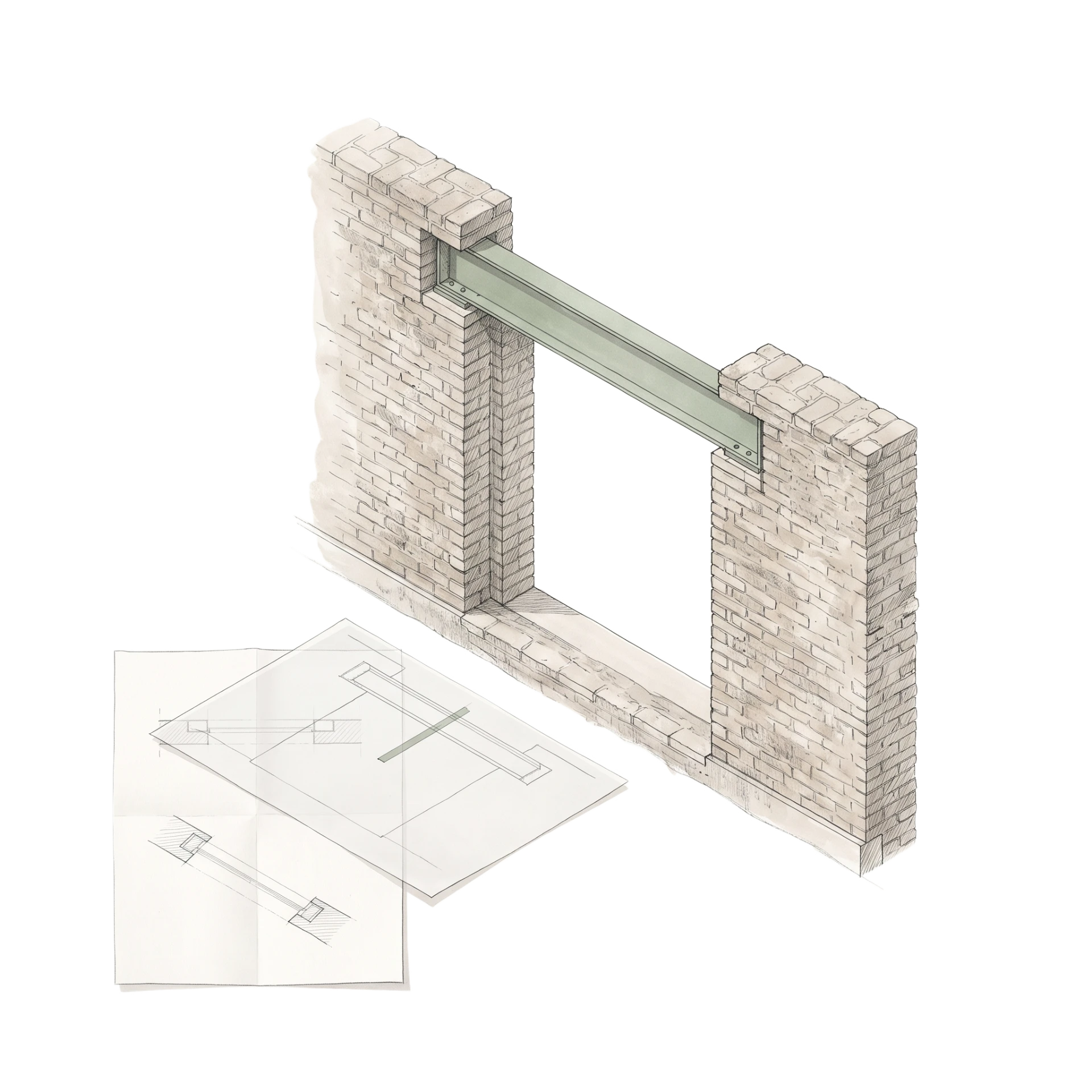 Sketch of a completed masonry opening with the installed steel strengthening beam and coordinated structural drawings alongside