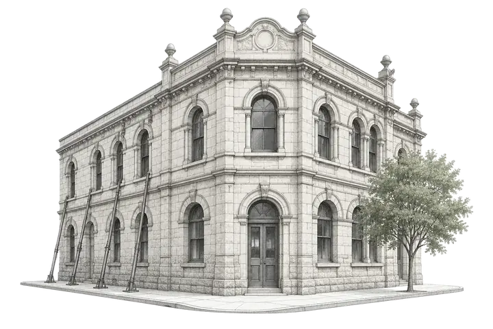 Pencil illustration of a sandstone heritage corner building with temporary steel props