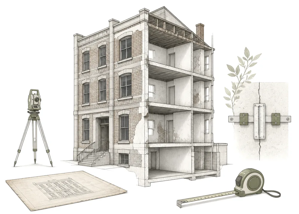 Cutaway illustration of an existing brick and concrete building alongside survey equipment, an old drawing and a crack monitoring gauge