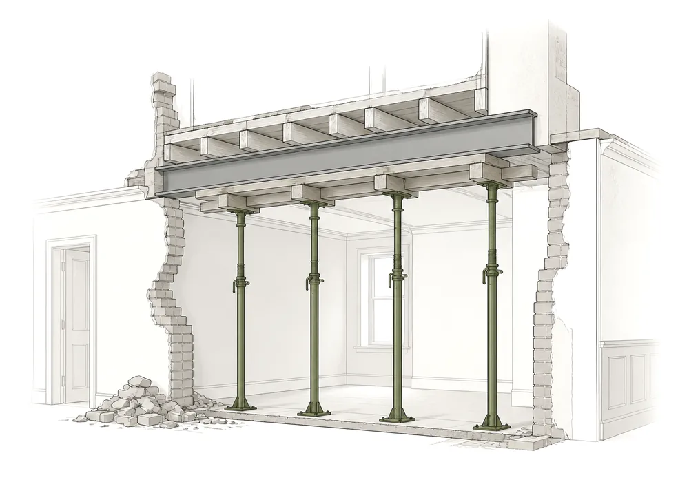 Load-bearing wall partially removed with temporary props, needle beams and a new steel transfer beam above