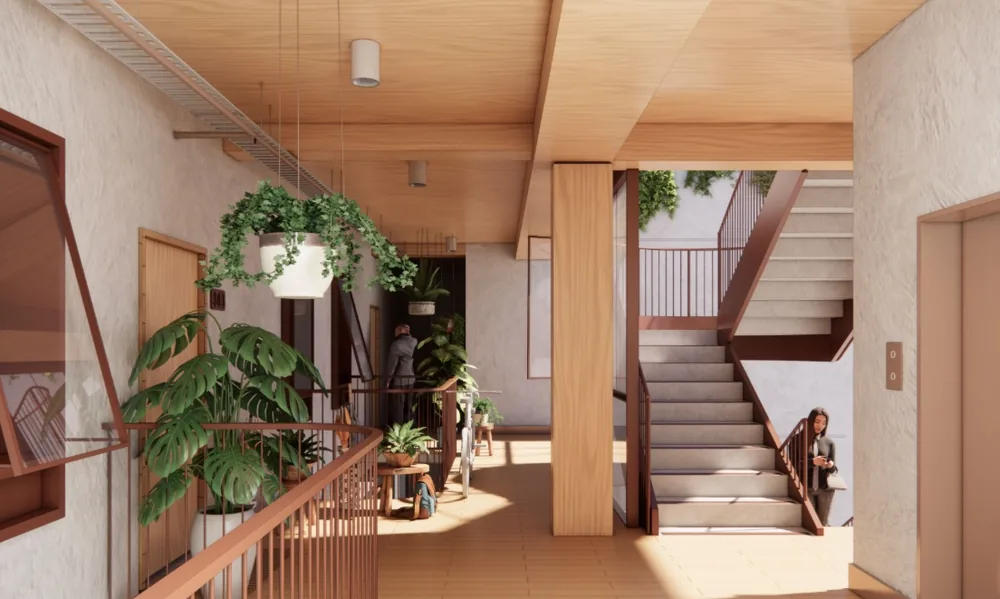 Internal shared walkway showing lightweight timber ceilings, columns and planting within the future residential environment