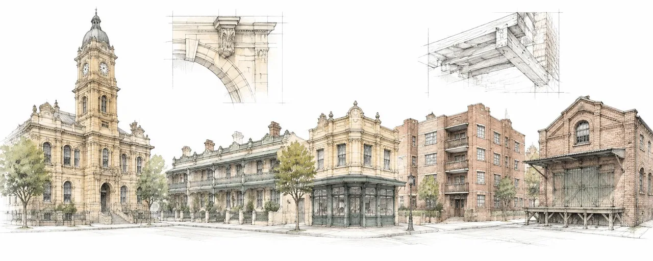 Architectural sketch of Sydney heritage buildings: a sandstone civic building with clock tower, Federation terraces, a corner shopfront, an inter-war apartment block and a brick warehouse