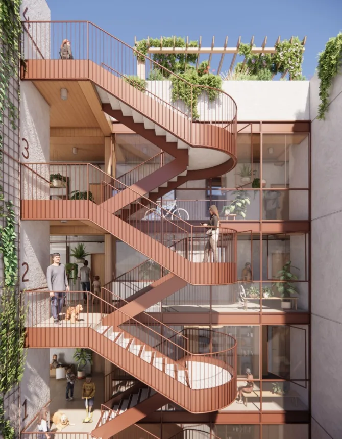 New open-air stair and shared circulation spaces within the retained structure, connecting residential levels and a planted rooftop