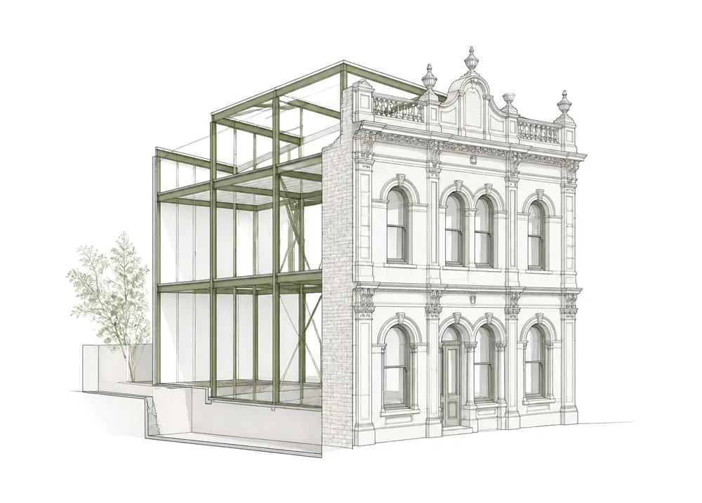 Heritage masonry facade retained while new steel framing is inserted behind it