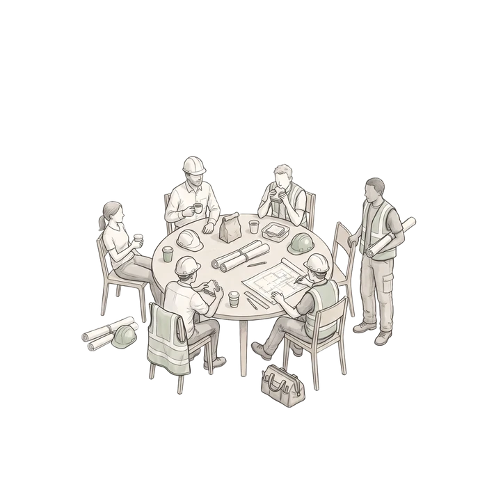 Illustration of an engineering and construction team taking a break together around a round table, with hard hats resting on the table, safety vests over the chairs, coffee cups, sandwiches and rolled drawings