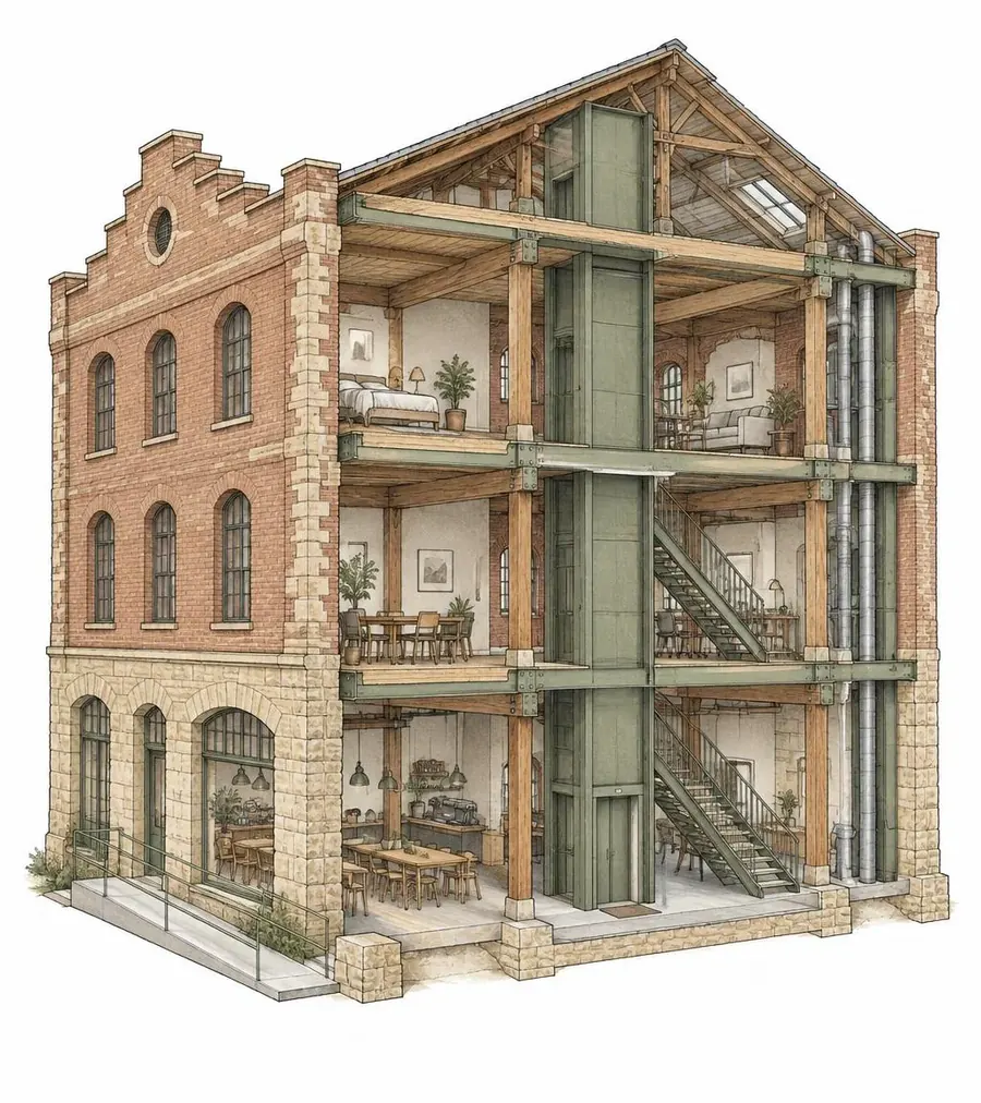 Architectural cutaway sketch of a Sydney heritage warehouse adapted into apartments and a café, with a new lift, stair, services and strengthening highlighted in olive green