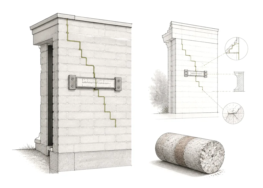 Masonry wall with stepped cracking, a monitoring gauge across it, detail callouts and a concrete core sample