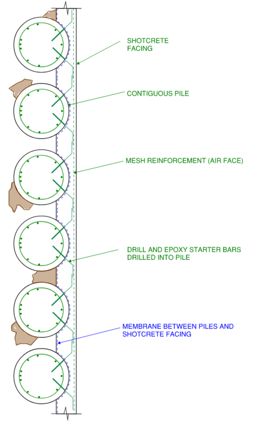 This image illustrates a detailed plan view of a contiguous pile basement wall including the major structural elements and waterproofing measures, this includes the shotcrete facing wall and associated mesh reinforcement, the contiguous piles and their associated reinforcement cages, the drill and epoxy starter bars connecting the piles to the shotcrete facing as well as a continuous damp proof membrane predominantly running between the piles and the shotcrete face wall.