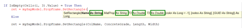 This image illustrates a screen grab of the VBA editor showing the code helper in action, it shows predictive text to assist in completing lines of code, this time it shows the variable types which are required for a specific function within ETABS