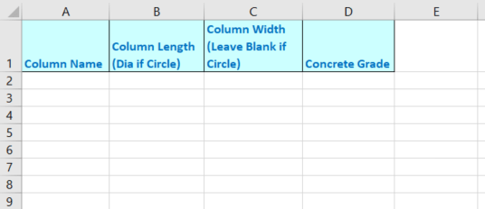 This image illustrates an example data entry sheet for the proposed automation software example, containing 4 columns starting left to right the column headings are, Column Name, Column Length, Column Width and Concrete Grade