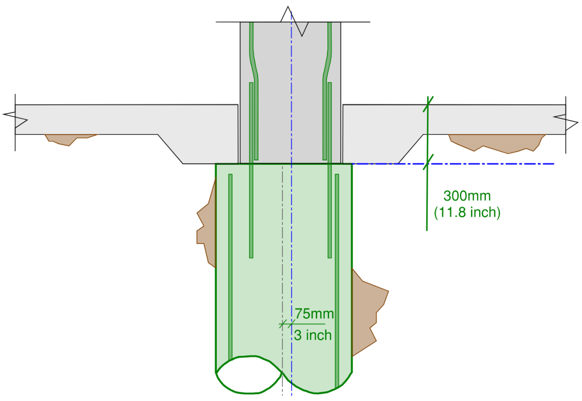 Full detailing for single pile supporting column with no pile cap. Larger pile diameter and lower pile cut off level caters for both height and position tolerance for the piles construction.