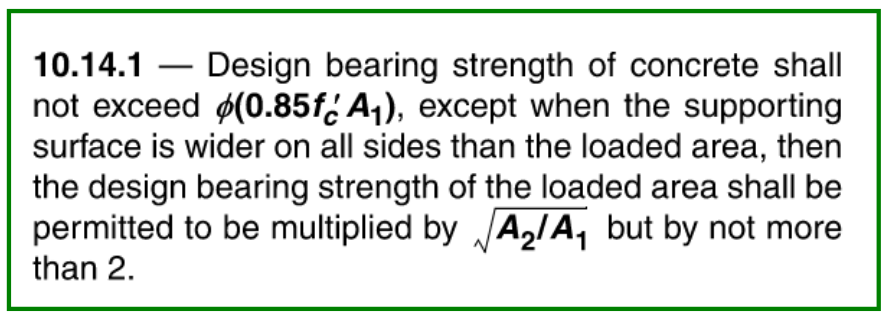 United States concrete code ACI318-08 unconfined bearing check clause 10.14.1