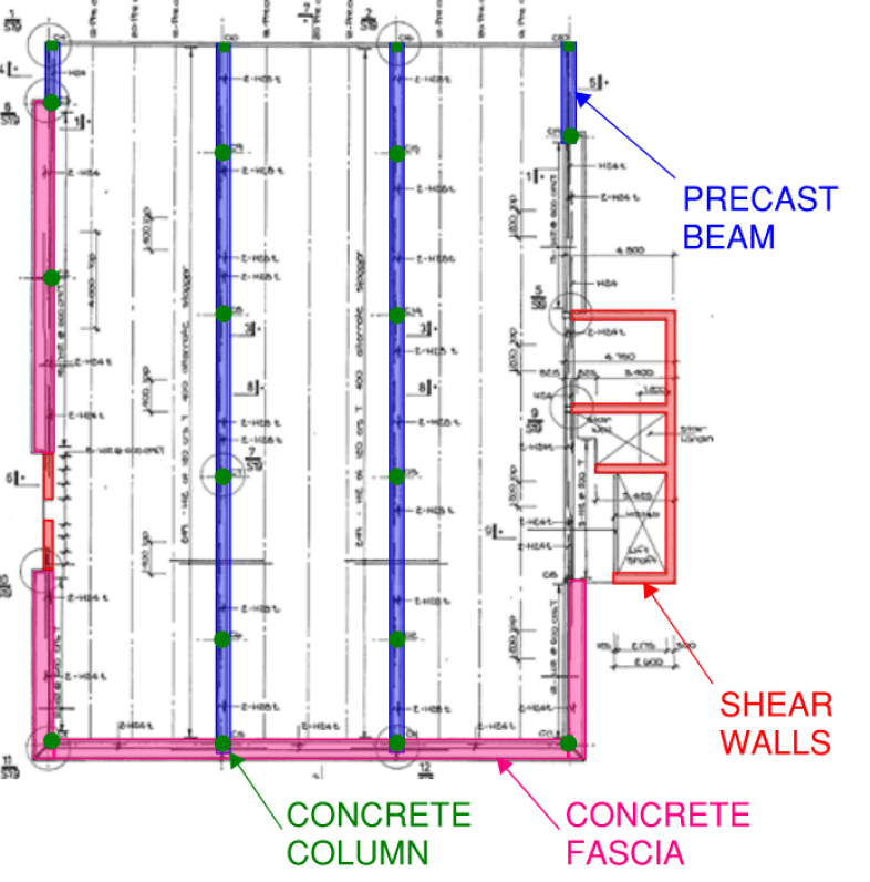 A plan view of the CTV typical floor identify the key structural elements. This building is used in this article to explain some reasons why buildings collapse due to earthquakes.