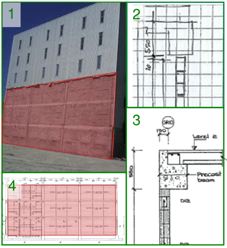 Several Images associated with a non-structural wall which was not provided with adequate separation to the main structure. Image 1, A photo of the northern elevation with wall highlighted, Image 2, Sketch found within the structural computations showing intent to provide 20mm gap to slab, Image 3, construction documentation not indicating structural separation to wall, Image 4, elevation view of the blockwork wall within the structural documentation. 