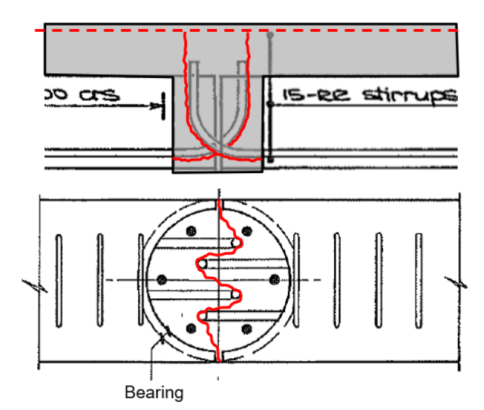 Plan view (bottom) and elevation view (top) of the beam joint located at the column (column not indicated for clarity) in the CTV building. The resultant crack pattern due to in-sufficient reinforcement development for tension is indicated on both views.