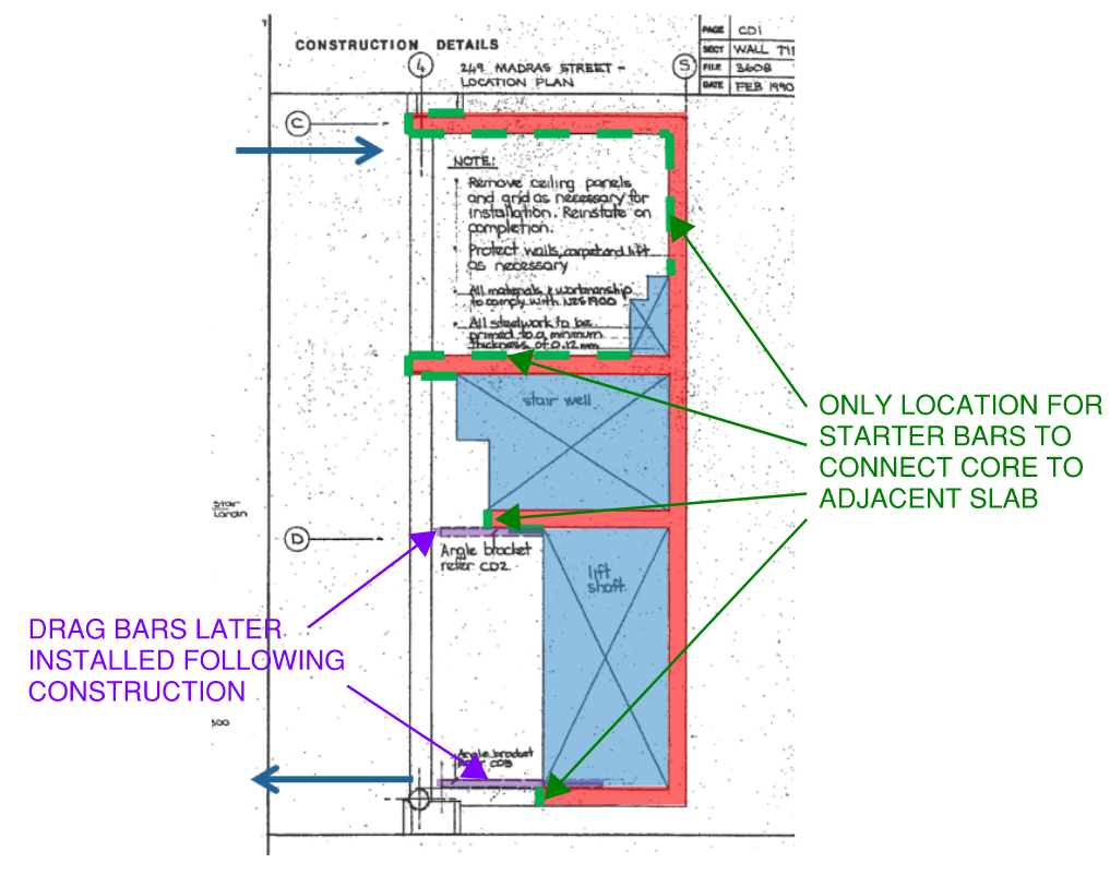Detail plan view of the building core for the CTV building. Opportunity for starter bar reinforcement between the walls and slab is shown in a green dashed line (note very little opportunity for connection of slab to wall to the bottom of the image. Additional drag bars indicated in purple which were later added before the first tenant moved into the building. Insufficient connection between the slab and core was found to be a possible reason why the building collapsed due to the earthquakes.