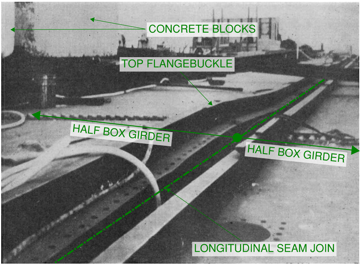 Image taken during construction above span 11-12 on the West Gate Bridge. Half span segment exhibited significant buckling in the top flange after it was loaded with concrete blocks (concrete blocks were intended to push the span downwards so that both halves would line up).