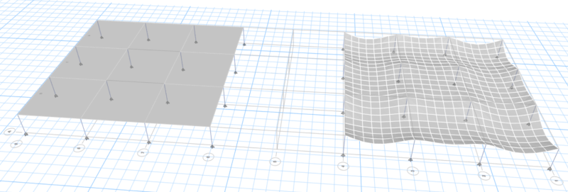 Side by side comparison of deflected shape between a shell vs membrane (shell on the right).  Notice that the membrane doesn't give a deflected shape, this is because its theoretical deflections infinite considering it has zero out of plane bending stiffness.  Instead ETABS uses tributary area algorithms to distribute the load to the support columns. 