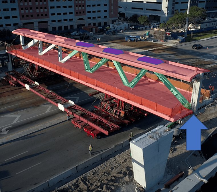 Overall colour coded view of the FIU pedestrian bridge dividing each concrete component in groups (top/bottom deck, diagonals and blisters)