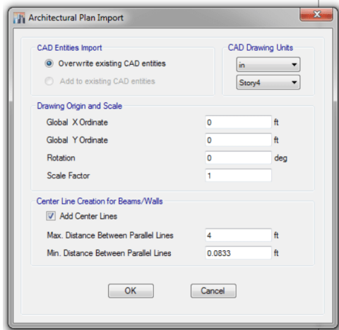Dialog box which appears then importing a CAD file into ETABS as a traceable background with grids and other elements of a drawing.
