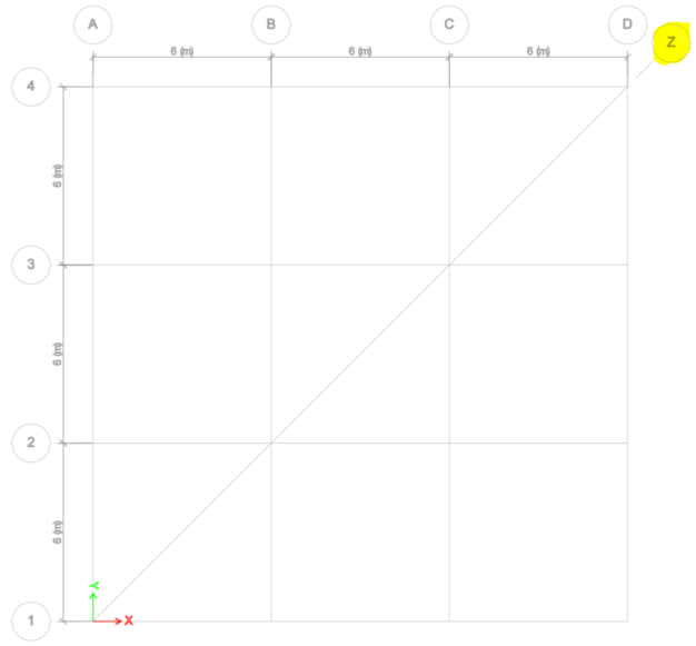 Example snapshot of grids set up in ETABS viewed using "plan view" with a diagonal grid added (highlighted in yellow and denoted as "Z")