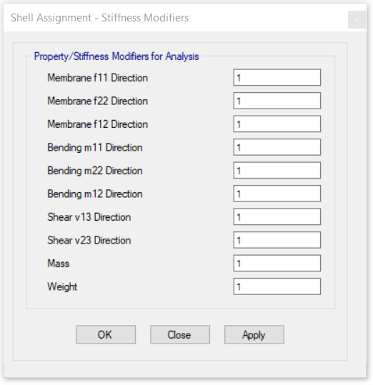 Stiffness modifier dialog box within the ETABS software.  This is used to model cracked behaviour of shear walls in your ETABS model.