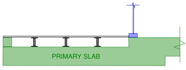 Cross section indicating typical balcony detail of an apartment within a multi-level apartment building. This arrangement allows a flat transition between the apartment and external balcony. This is facilitated by a step being provided in the primary slab which can add cost and complexity to the base structure.