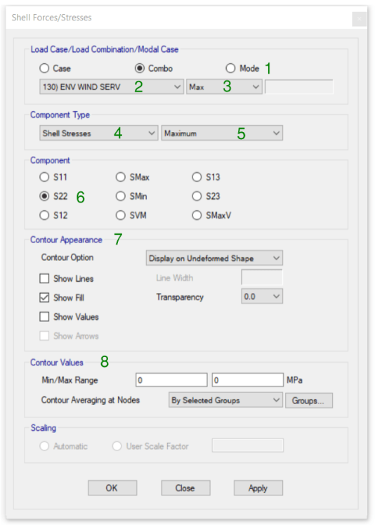 Dialog box for viewing shell forces or stresses on elevation view within ETABS.