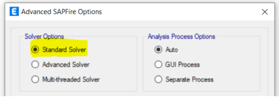 Advanced SAPFire Options dialog box in ETABS.  The solver type you choose from determines how hard it will be to track down where your structure is unstable or ill-defined.