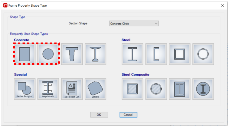 This image is a screen capture of a dialogue box for ETABS "Frame Property Shape Type"