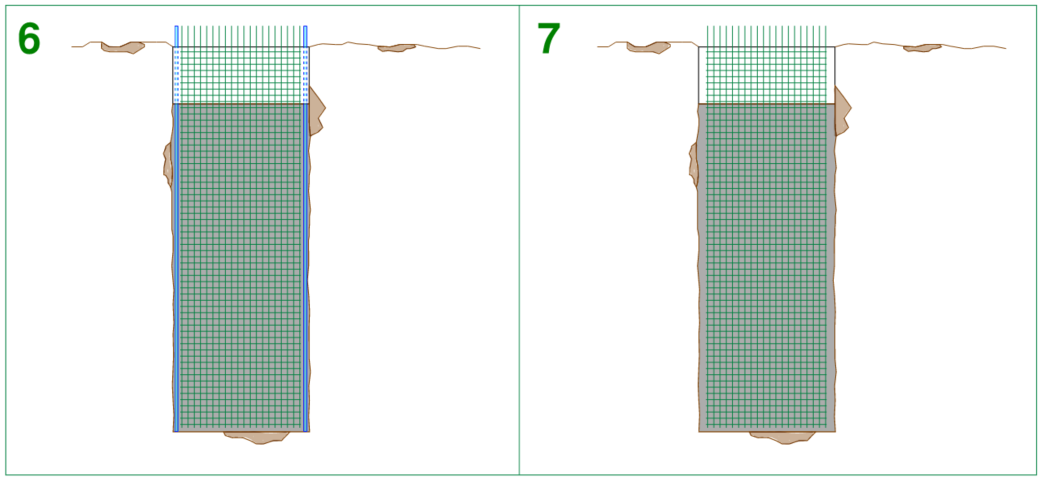 this image illustrates stages 6 and 7 of the construction sequence for building a d-wall, steel shutters are removed as the final step in construction.