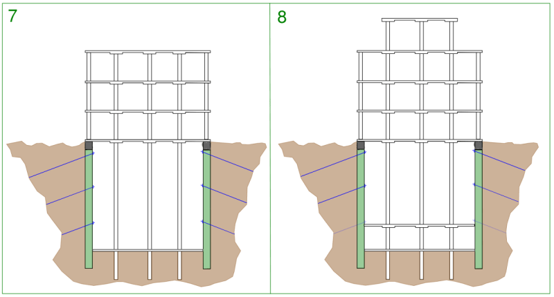 Stages 3 and 4 of top down construction for basements, ground floor slab is constructed with temporary opening for access, then excavation for the basement levels commences (cross section view).