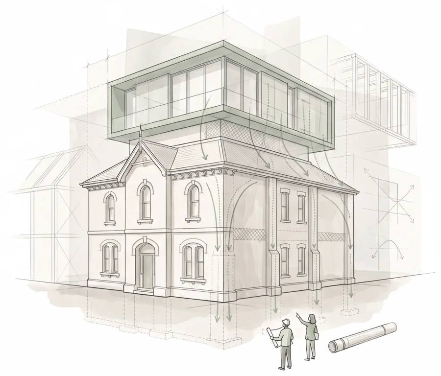 Illustration of a new lightweight upper level above a heritage building with load paths carried down to strengthened footings