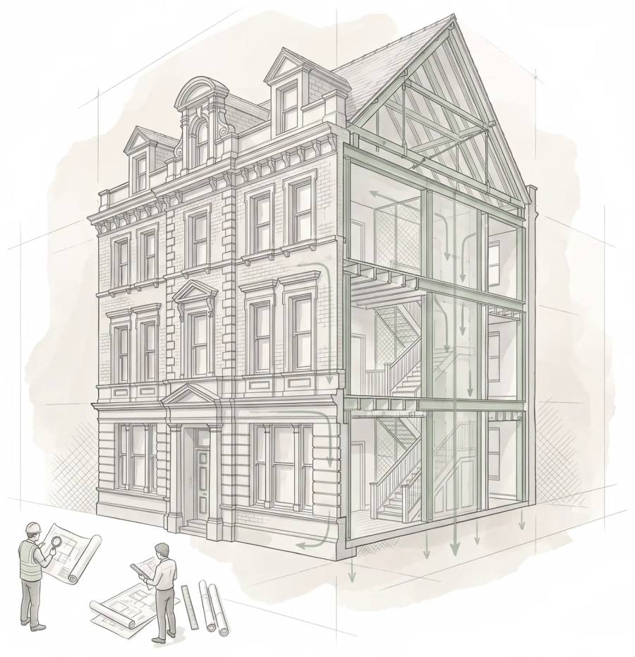 Illustration of concealed internal strengthening within a heritage building leaving the street facade unchanged