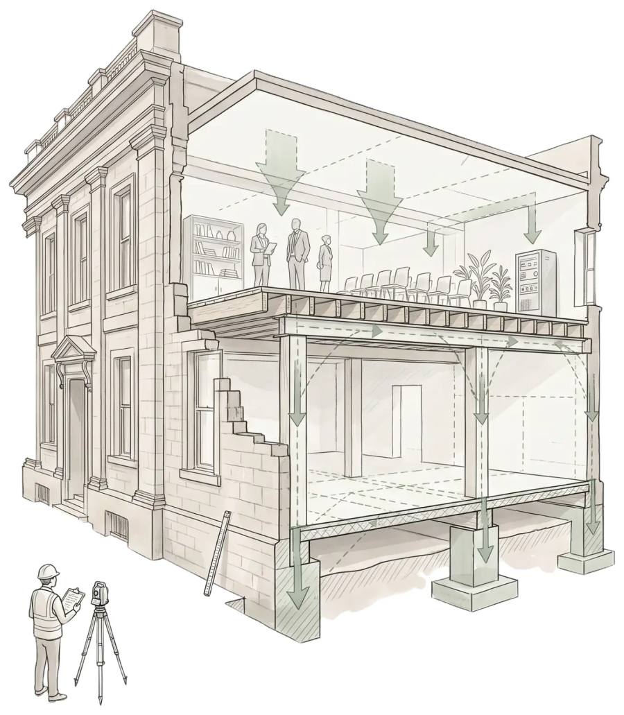 Cutaway illustration of a heritage building showing floor loads from a new occupancy tracing down through beams, columns and footings