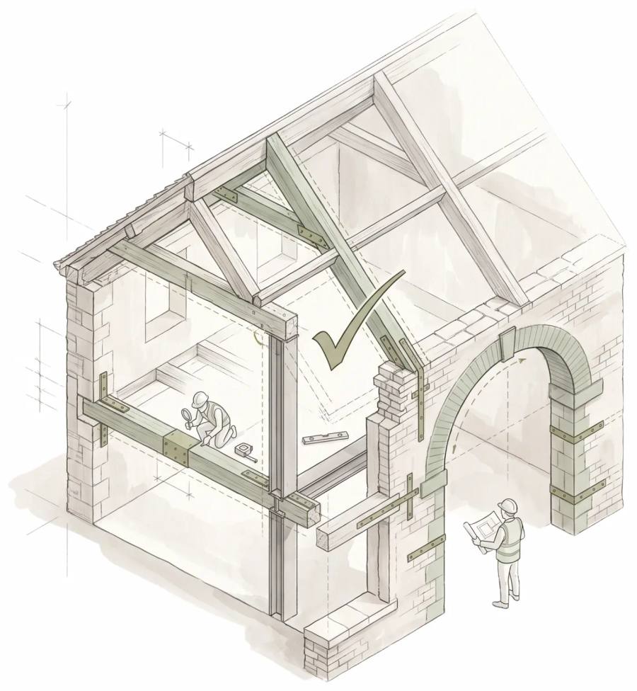 Illustration of existing timber beams, trusses and a masonry arch retained and locally reinforced rather than replaced