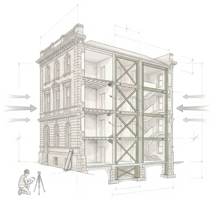Illustration of a heritage masonry building with internal bracing frames resisting lateral seismic loads