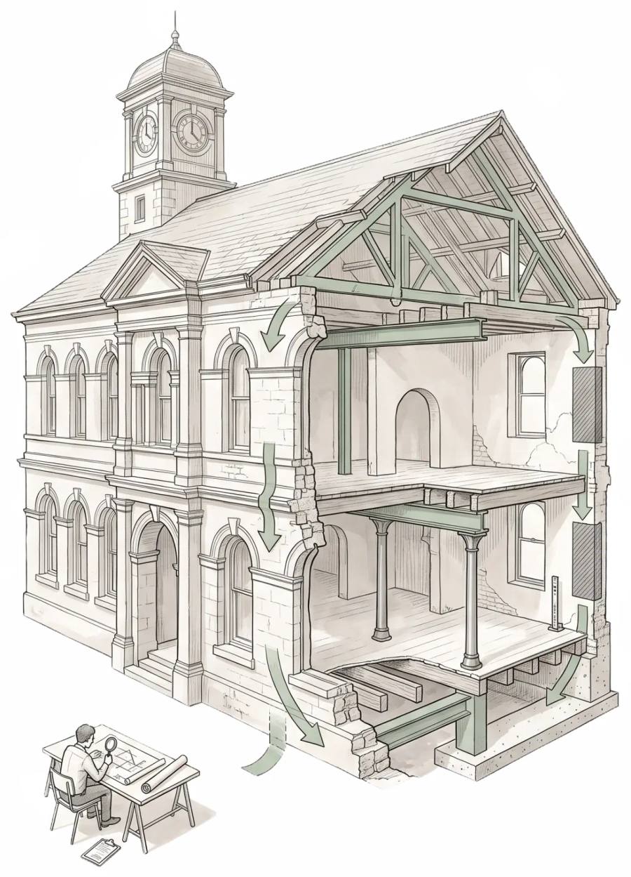 Cutaway illustration of a heritage civic building with targeted beam, column and footing strengthening